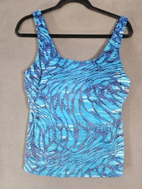 LL Bean Womens 16 Tankini Top Blue Palm Leaves Scoop Swimsuit Shelf Bra Swimwear
